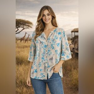 Tan Blue Floral Giraffe Print Top